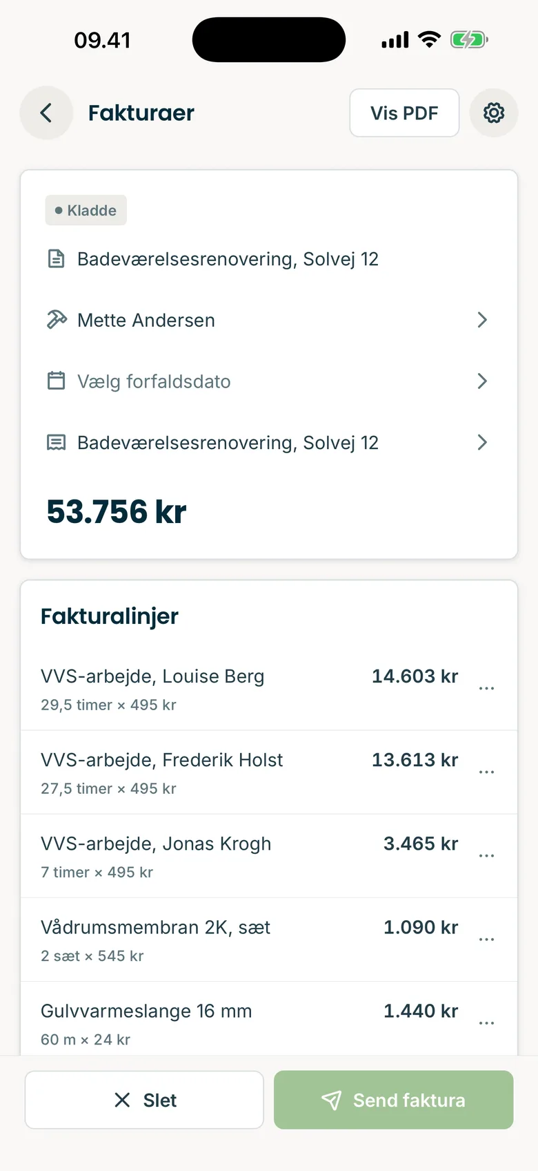 Tidlig-appen: en fakturakladde med fakturalinjer for arbejde og materialer