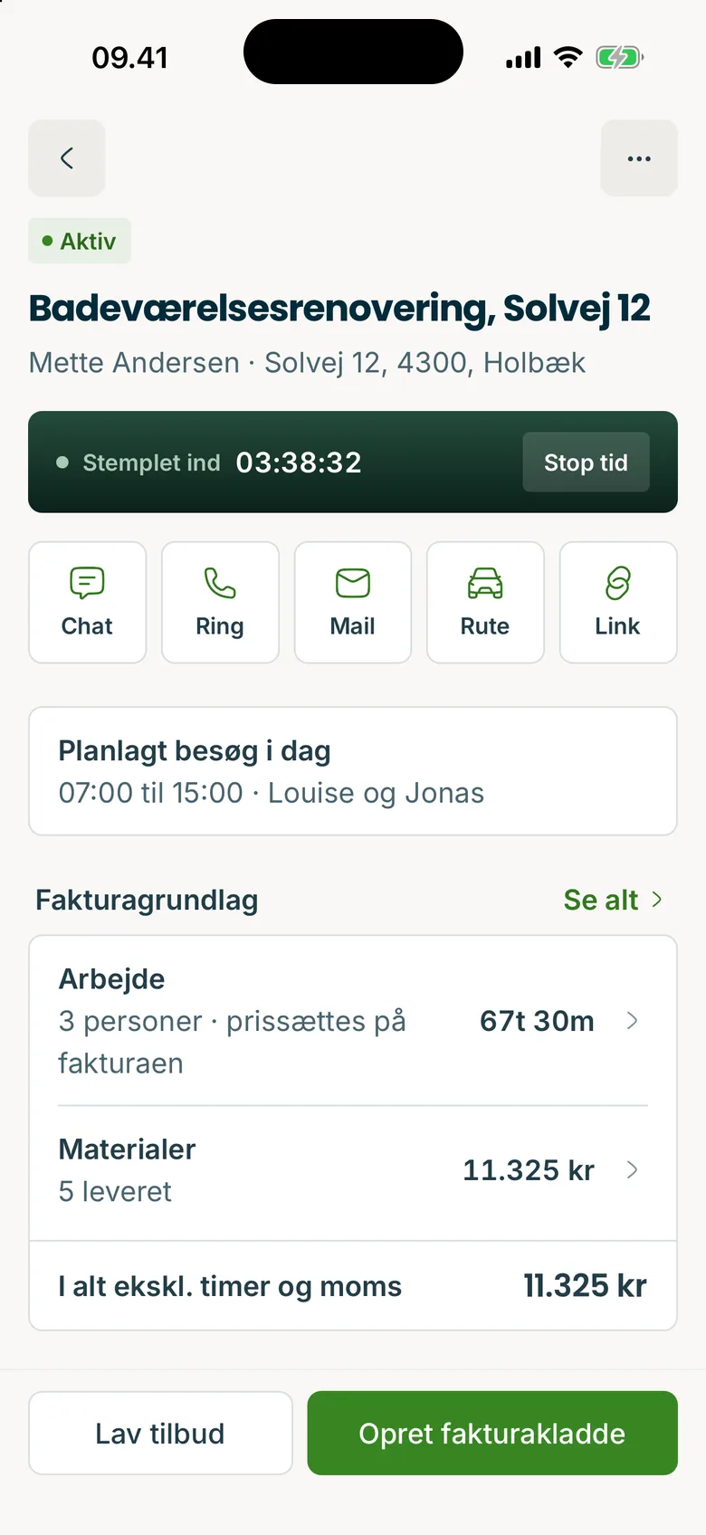 Badeværelsesrenovering på Solvej 12 i Tidlig-appen med tid og materialer på sagen