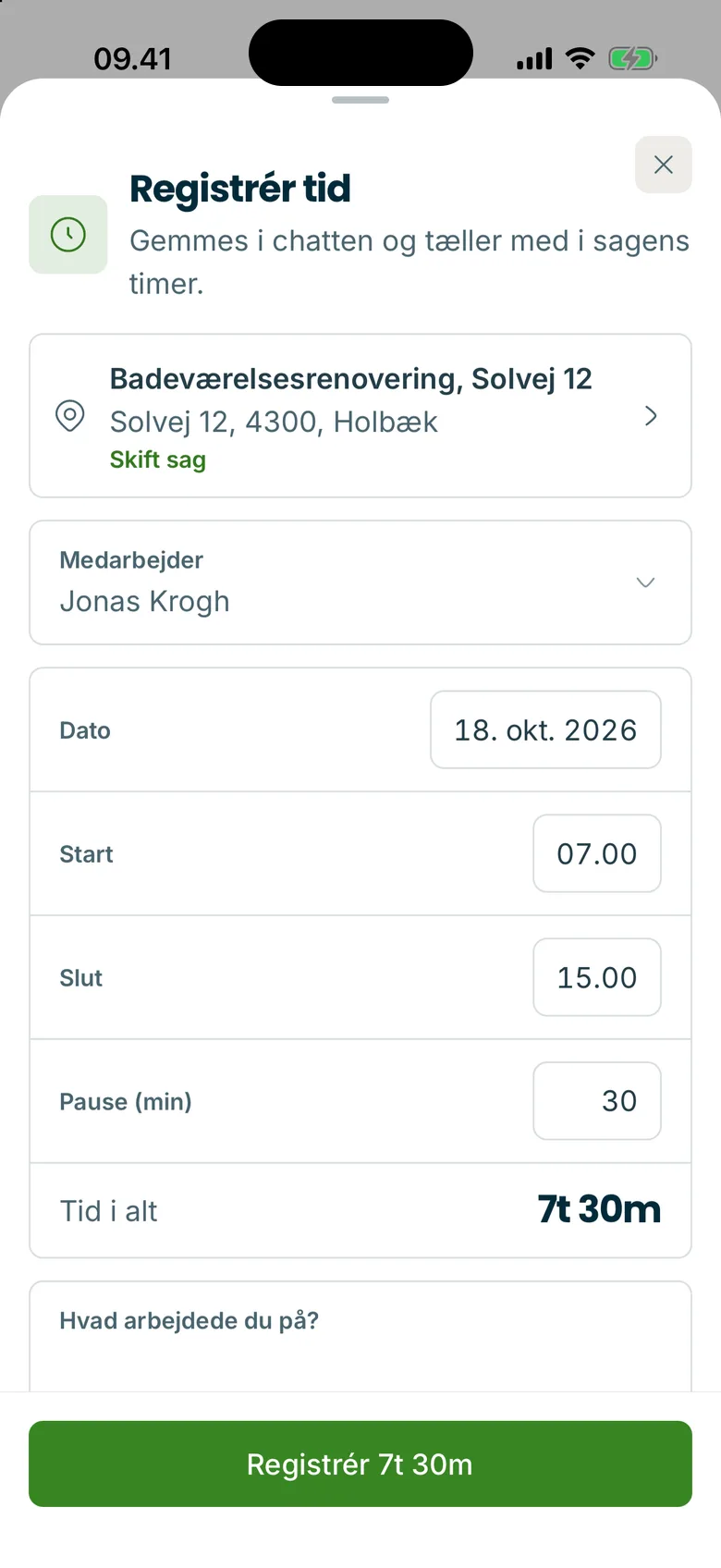 Registrér tiden på sagen fra mobilen