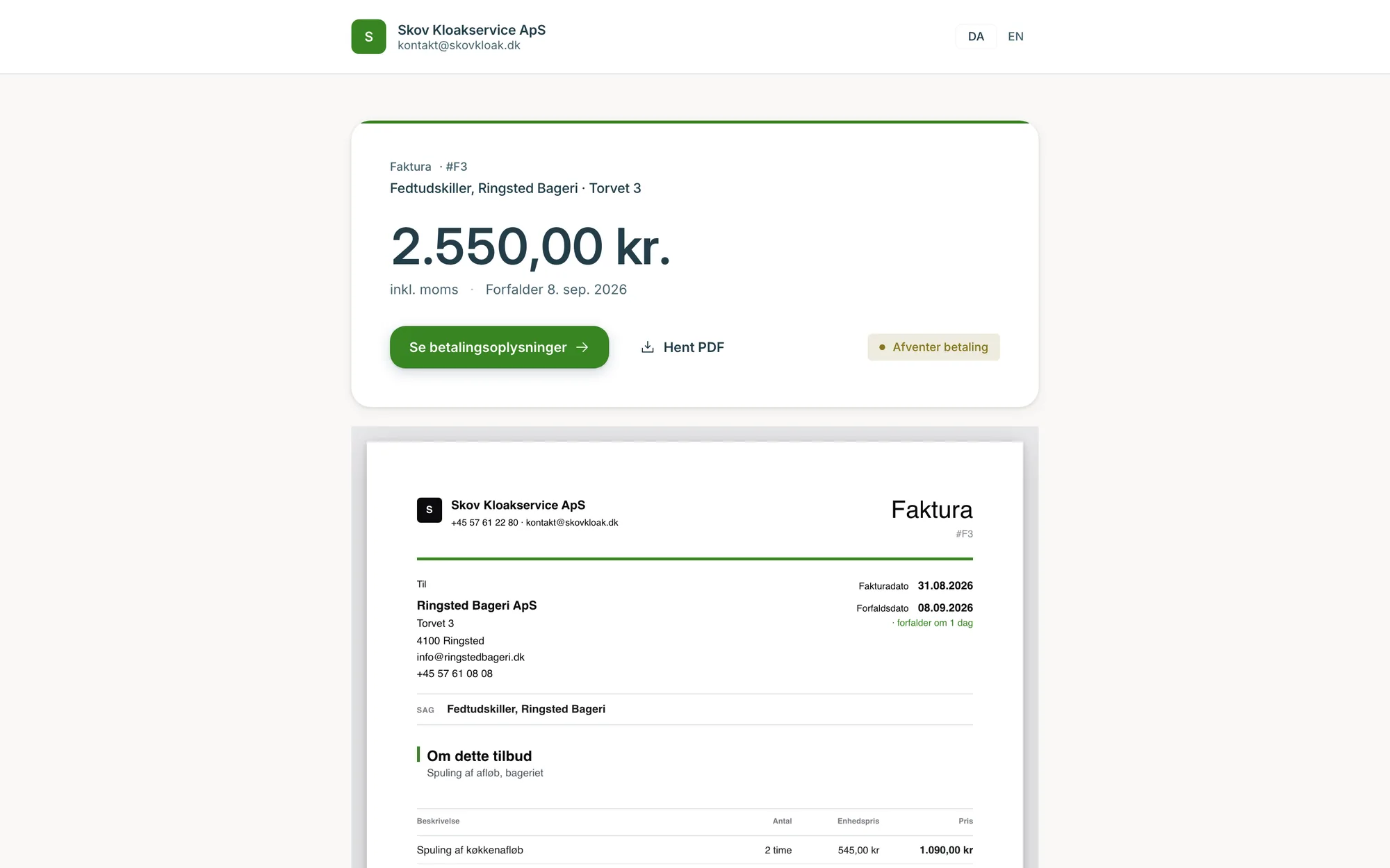 Kundeportalen: en faktura med betalingsoplysninger og PDF, som kunden åbner via et link