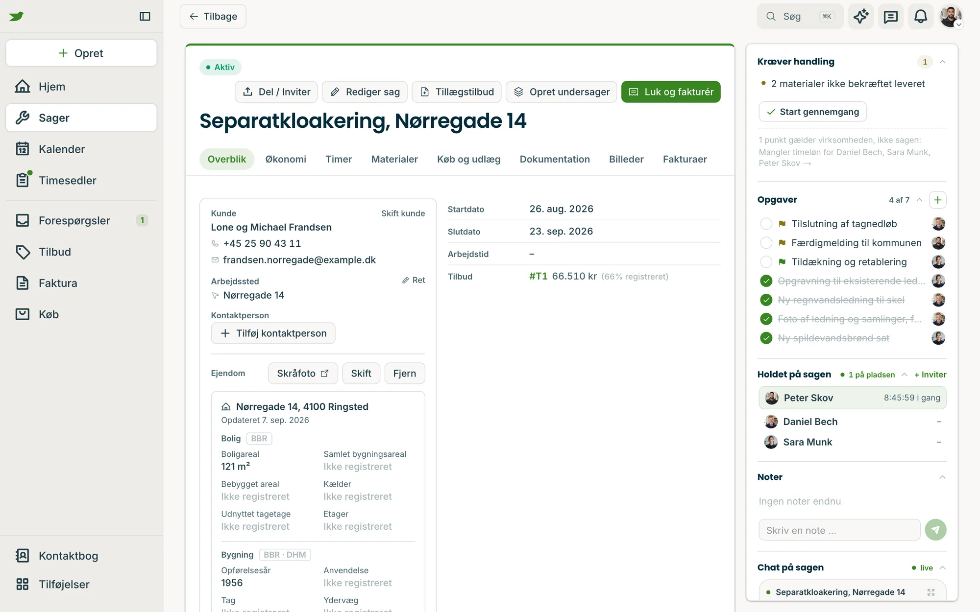 Tidlig på kontoret: sagens overblik med kunde, adresse, opgaver, holdet på sagen og det, der kræver handling