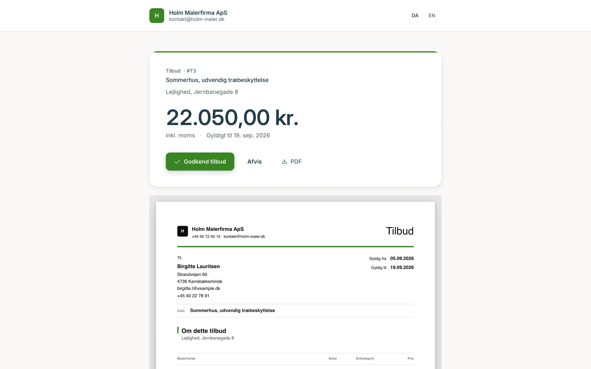 Kundeportalen: et tilbud kunden kan godkende, afvise eller hente som PDF, uden login