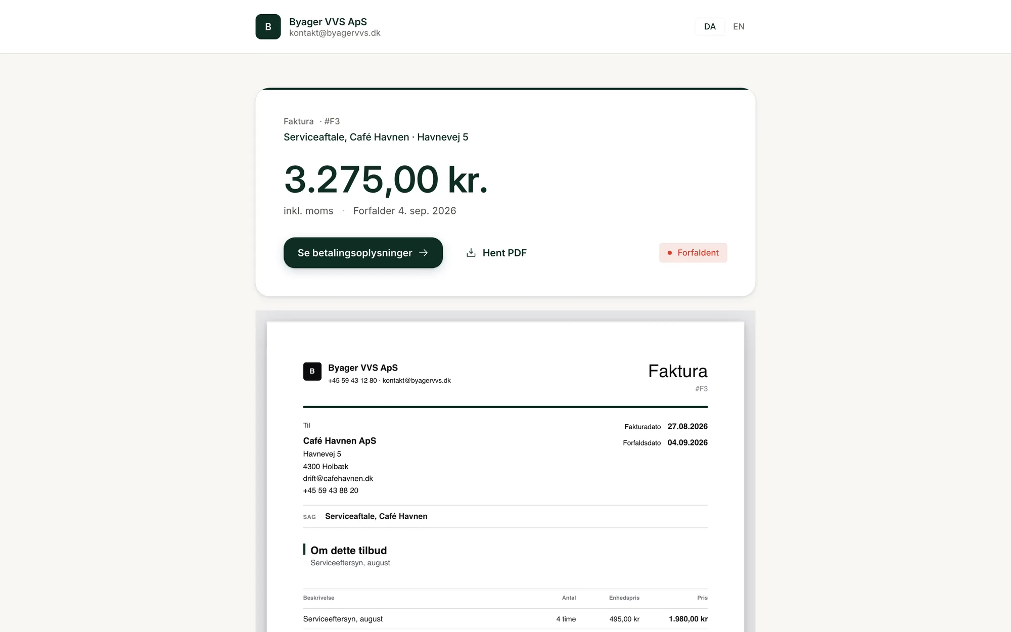 Kundeportalen: en faktura med betalingsoplysninger og PDF, som kunden åbner via et link