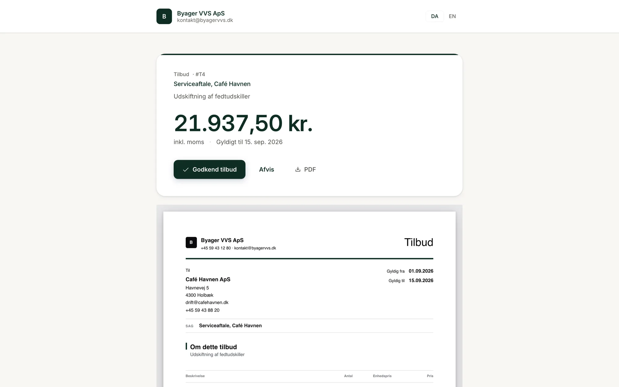 Kundeportalen: et tilbud kunden kan godkende, afvise eller hente som PDF, uden login