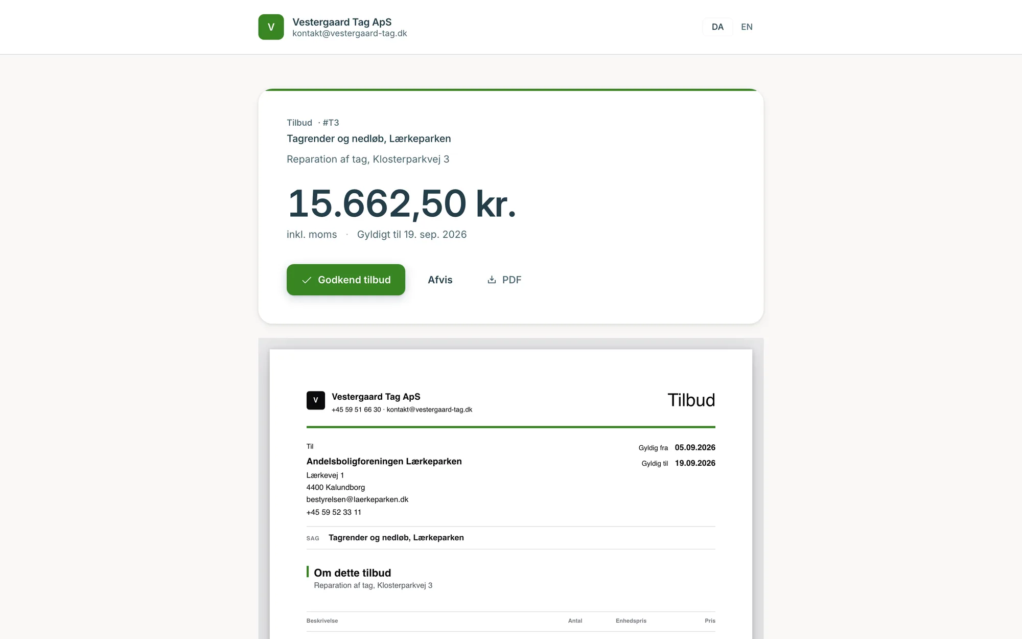 Kundeportalen: et tilbud kunden kan godkende, afvise eller hente som PDF, uden login