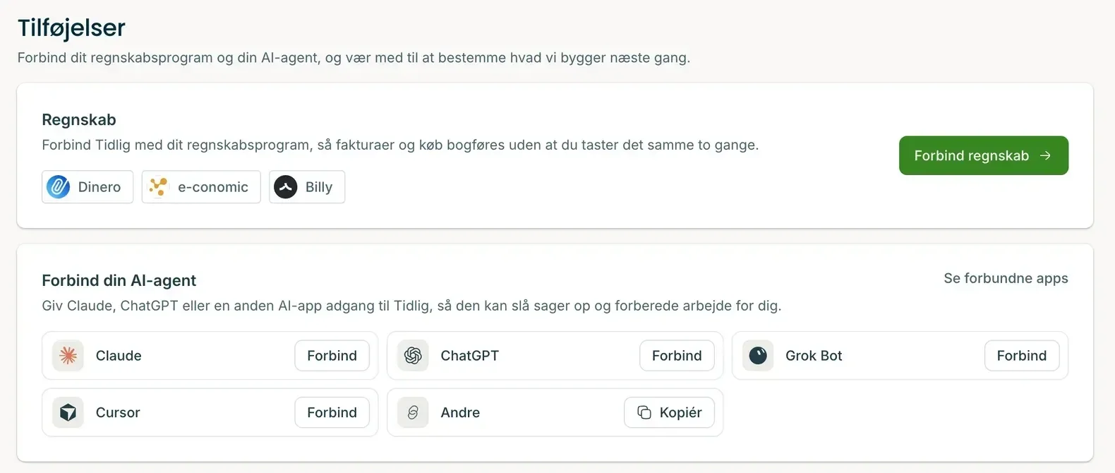 Tilføjelser i Tidlig: Forbind din AI-agent med knapper til Claude, ChatGPT, Grok Bot og Cursor