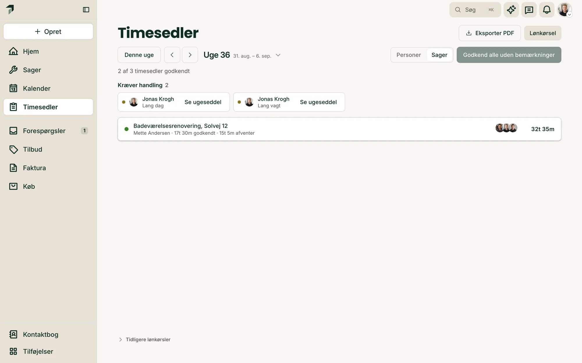 Tidlig på kontoret: ugens timer pr. sag, godkendte og dem der afventer