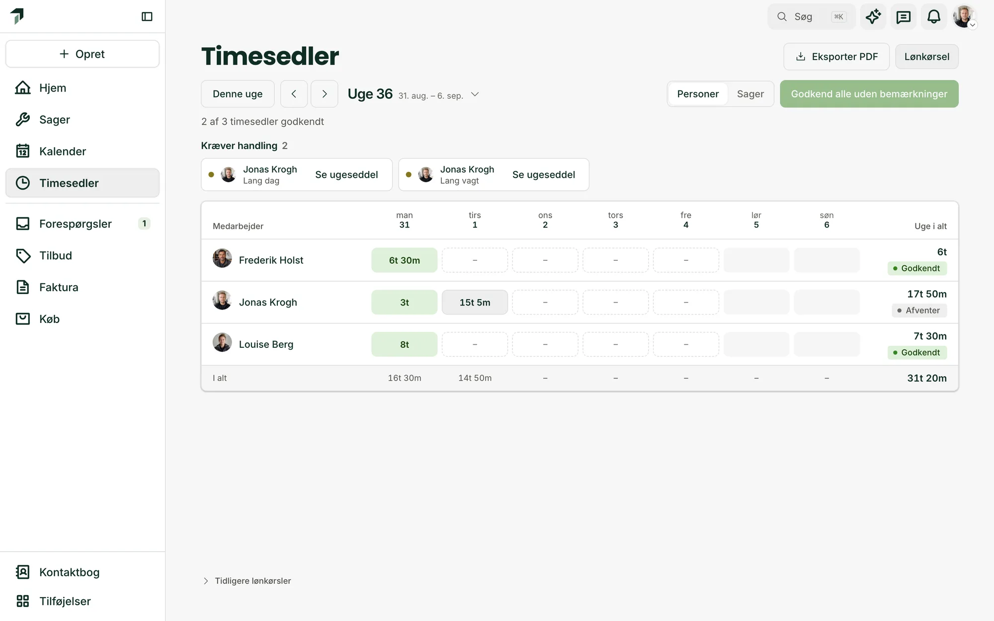 Ugens timesedler i Tidlig med godkendte timer og timer, der afventer godkendelse
